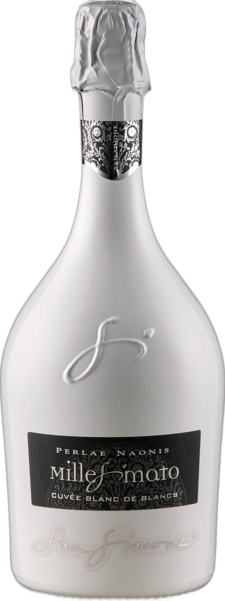 San Simone Blanc de Blancs Brut 2024 – White Flasche – modernes, klares Design mit weißen und silbernen Akzenten.