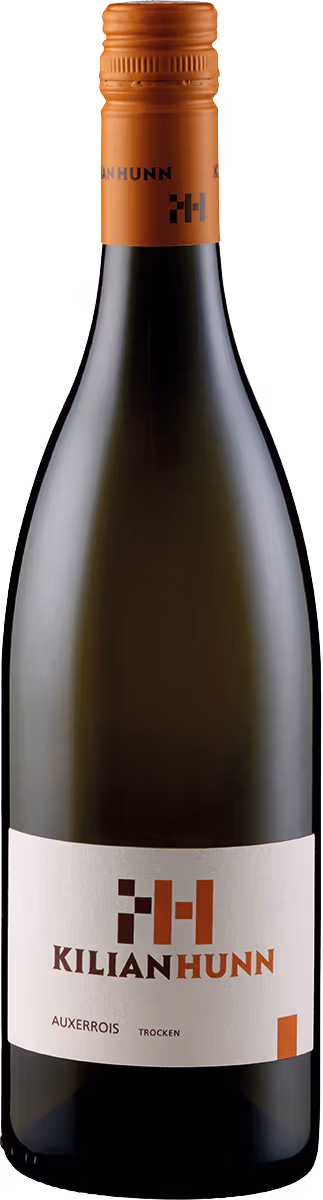 Weingut Kilian Hunn Auxerrois trocken 2024 Etikett – modernes, klares Design mit goldenem Logo.