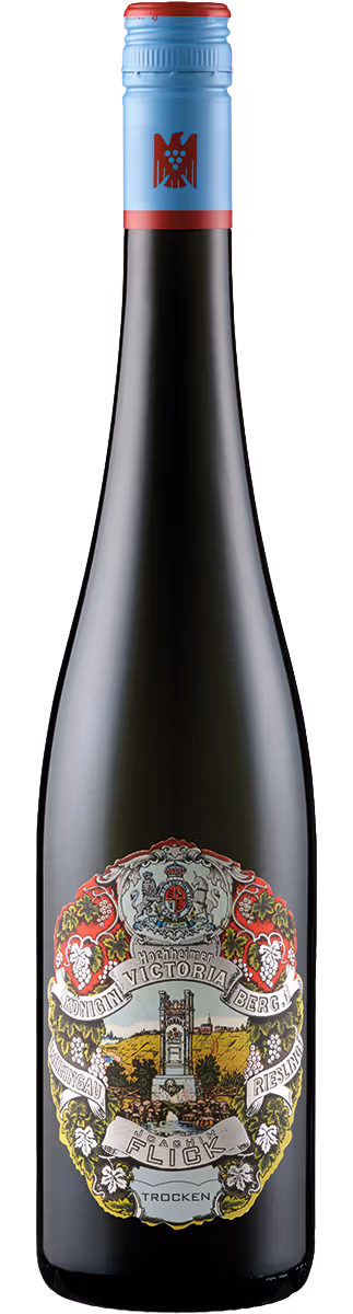 Hochheim Königin Victoriaberg Riesling 2024 Etikett – klassisch-weiß mit goldenen Elementen, VDP-Logo und königlichem Wappen.